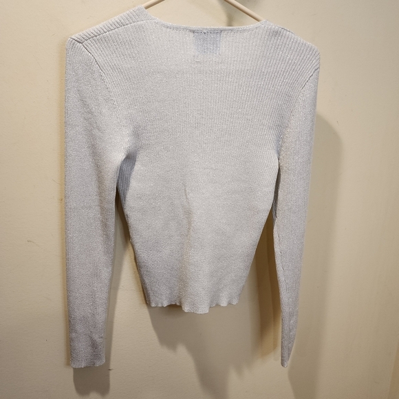 Pink Rose Gray Silver Glitter Long Steeves V Neck Wrap top size L - Picture 5 of 13